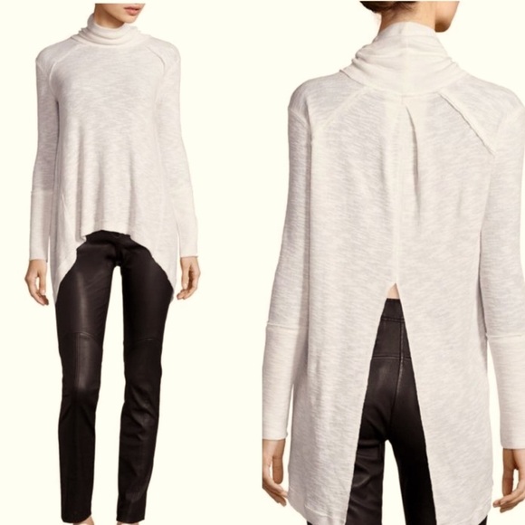 Free Peoplele Turtleneck Long Sleeve Sweater Raw Hem Split White Small Cream - Picture 3 of 13